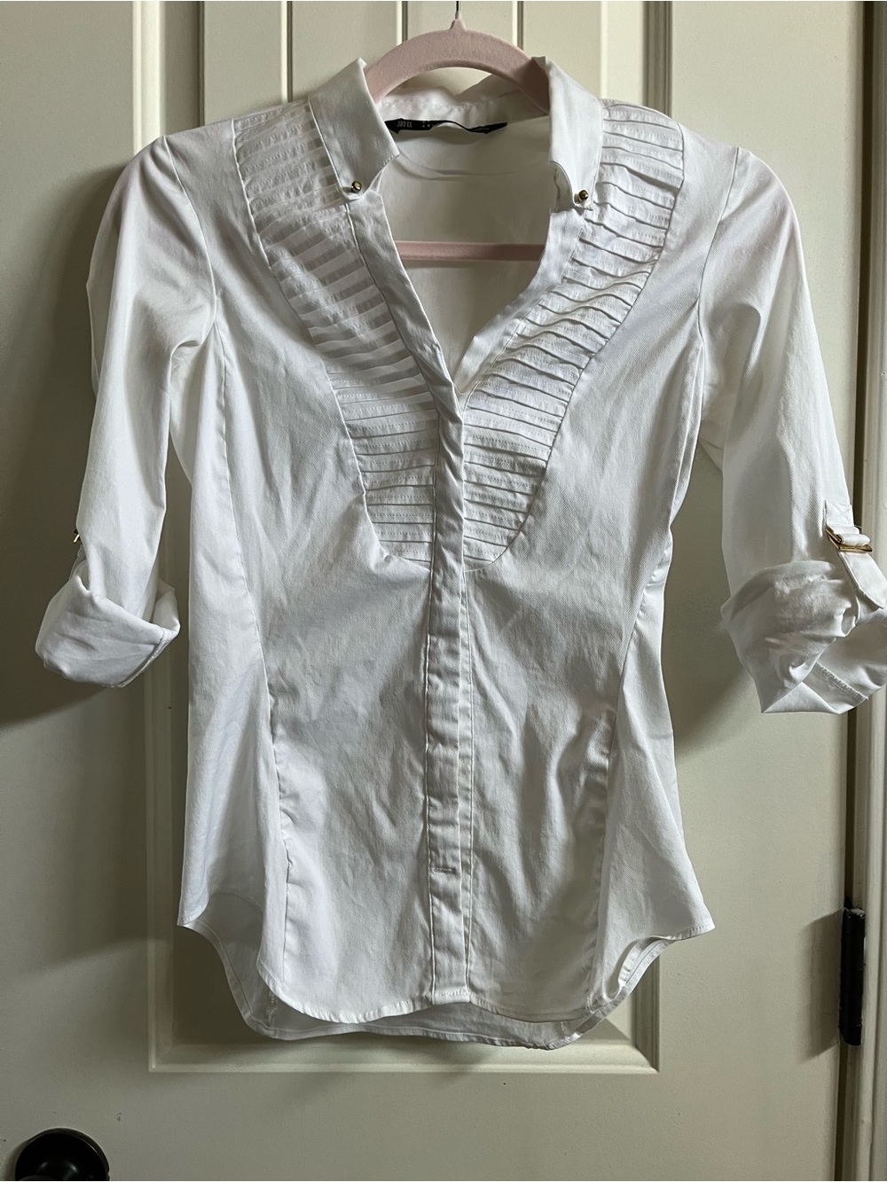 Zara BASIC COLLECTION Women’s XS White Pintuck V-Neck Button Down Shirt